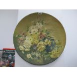 Tin Hand Painted Wall Plate, featuring Chrysanthemums, 52cm diameter.