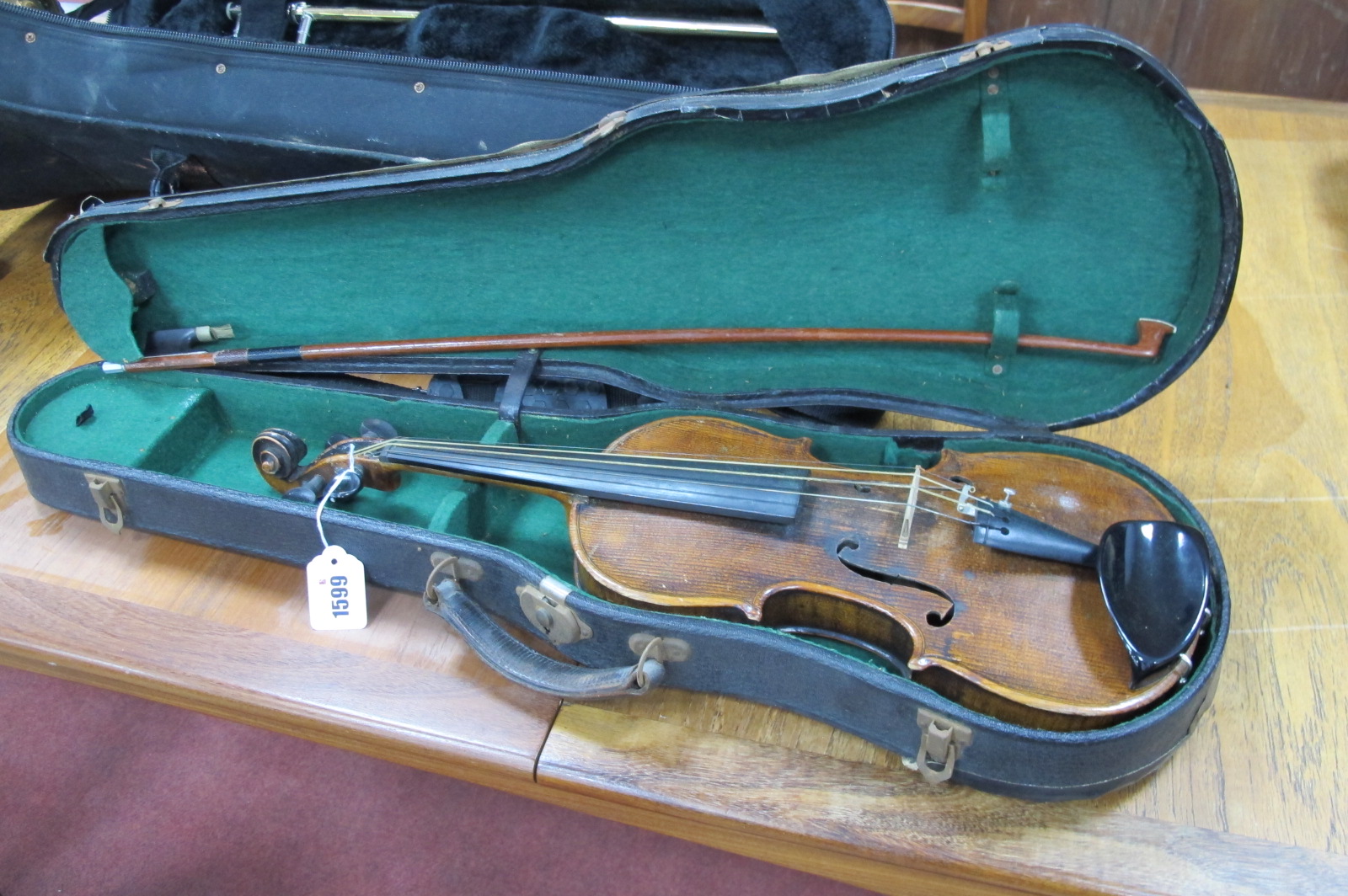 Violin, with two piece back, circa 1900, no visible label, back length 33cm (faults); together