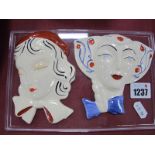Wedgwood Clarice Cliff Collection Bizarre Face Mask, of girl with blue bow tie, 12cm wide, another