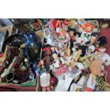 A Quantity of Dolls, in National Costume, glass bells, Greek vases, etc:- Two Boxes.