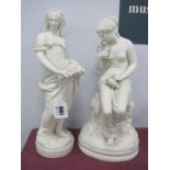 A Mid XIX Century Parian Figure of a Lady Holding a Basket of Fruit, on a rocky circular base,