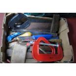 G Clamps, saw, Rhodes mallet, tri square, Rabone rule, other tools:- One Box.