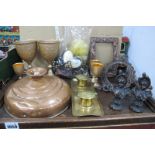 An Oak Tray, Arts & Crafts brass desk stand, painted goblets, costume jewellery, etc.