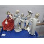 Lladro Figures of a Beach Girl, 20cm high and girl holding a lamb, two unstamped examples and