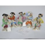 Five XX Century Dresden Porcelain Figurines, of Monkeys playing musical instruments, stamped Dresden