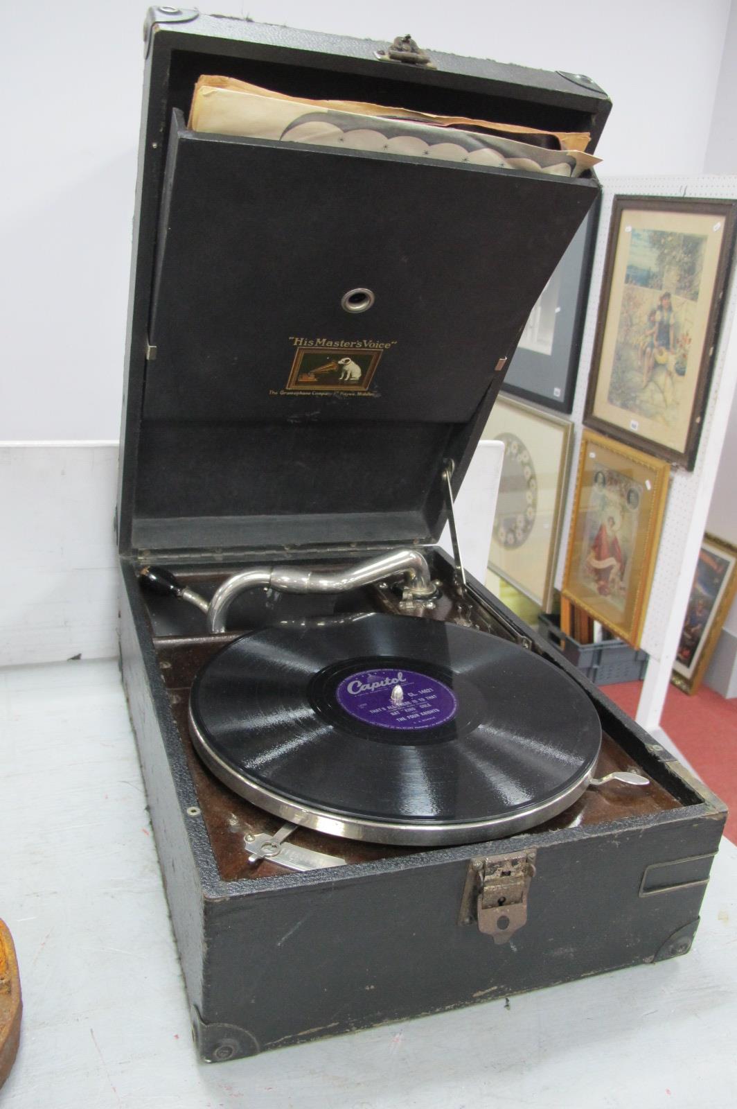 HMV Portable Wind Up Gramophone, with winder in black leatherette case.