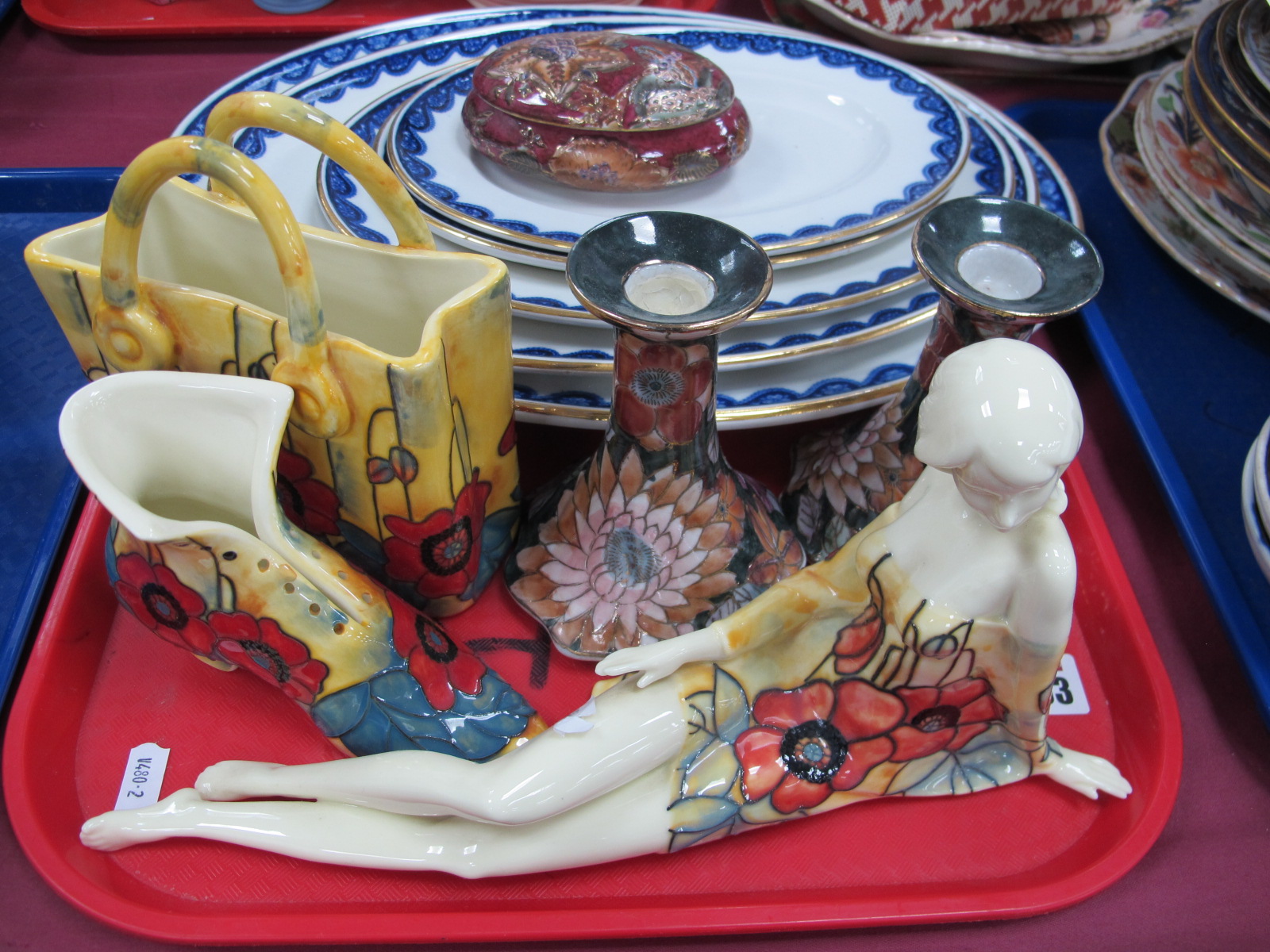 1920's Royal Worcester Graduated Plates, Old Tupton ware of a recumbent lady, shoe, shopping bag.