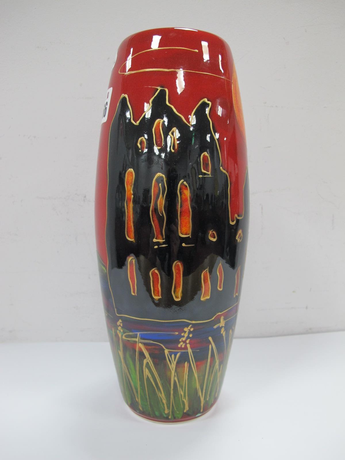 An Anita Harris 'Whitby Abbey by Moonlight' Skittle Vase, gold signed, 25cm high.