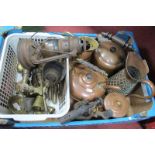 A Hurricane Lamp, copper reptile skin effect jug, kettles, other metalware:- One Box.