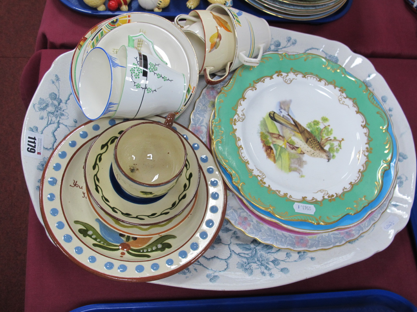 Cabinet Plates, Art Deco and other cups and saucers, Torquay ware etc and a large meat plate.