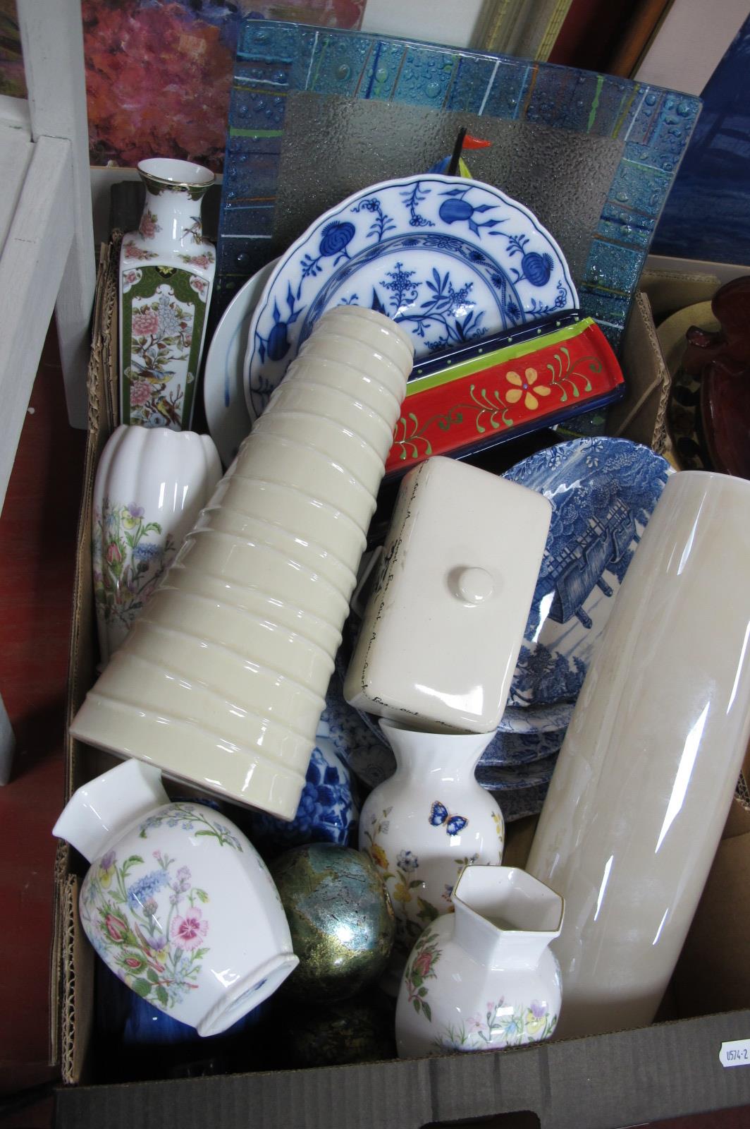 Aynsley Vases, Blue-White plates, Murano style dish decorated with a yacht, etc:- One Box.