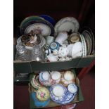 Minton Blue Delft Cup and Saucer, decanters (damaged), cabinet plates, etc:- Two Boxes