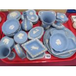 Wedgwood Powder Blue Jasperware Trinkets, vases, clock, etc.(twenty-nine pieces):- One Tray