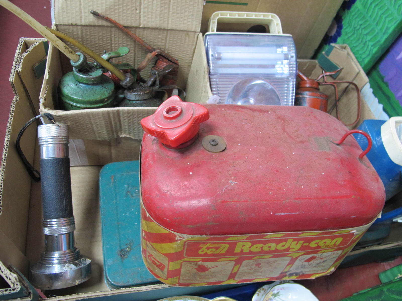 Five Oil Cans, Petrol Can, Torches, Kamasa socket set.