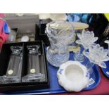 Xavier, pair of glass candlesticks mantel clock, Caithness vase, Aynsley bowl, etc:- One Tray.