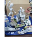 Lladro Figurines (3), Royal Ivory 'Winter', four others, posies:- One Tray