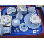 Wedgwood Powder Blue Jasperware Trinkets, bridge ashtrays, vases, candlesticks, etc:- One Tray