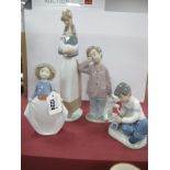 Four Nao Figurines, Girl Picking Up Her Skirt, Girl Holding a Duck, Boy playing with a Train Set,