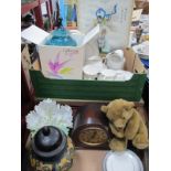 A Mantle Clock, Teddy, Doulton 'Sophistication' table ware, pictures, etc:- Two Boxes.