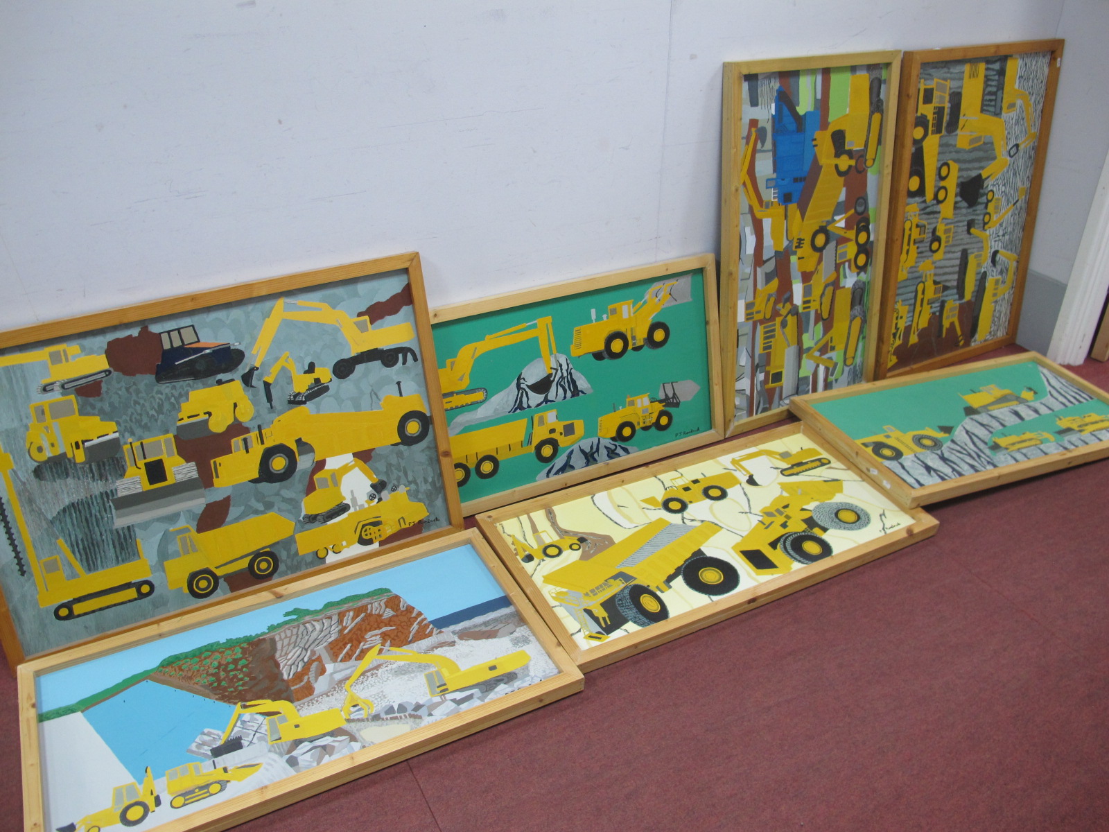 P.J Roebuck (Sheffield Artist) JCB Digger, Trucks and others in yellow, oils on panels, the