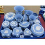 Wedgwood Powder Blue Vases, Powder Bowls, Campagna Urns, Trinket Pots (15) (9 boxes noted):- One