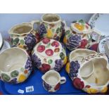 Silstone Pottery Handpainted Teapot, basket and vase decorated with fruit.