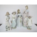 Nao Figurines - Lady with Fan, Girl with Flowers; plus three others. (5)