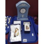 Two Orchid Designs Trinket Boxes as Owls, Wedgwood Millennium clock.