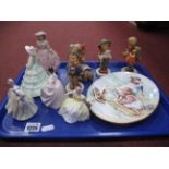 Figurines Coalport x 3, the largest 13.5cm, 2 x Doulton, 4 x Hummel, Worcester Plate:- One Tray