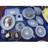 Wedgwood Powder Blue Jasper Ware Pottery, including small tea pot, cup and saucer, photograph frame,