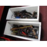 Tools - Stanley drills, saws, hammer, baton, bolts etc, in two white painted crates