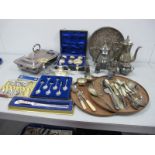 Assorted Plated Ware, including four piece tea set, circular tray, cased tots, rectangular warming