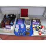 Costume Dress Rings, empty jewellery boxes, 1953 Royal Commemorative gilt teaspoons, assorted