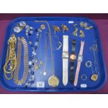 A Mixed Lot of Assorted Gilt Coloured Pendants on Chains, clip earrings, hair ornaments, there