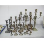 Assorted Plated Candlesticks, including single telescopic example, twin branch candelabra etc.