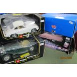 Four 1:18th Scale Diecast Model Vehicles, by Burago, MRC to include Elvis Pink Cadillac, COD.3021