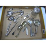 Silver Topped Glass Tidy Jar, seven silver spoons, medal, button hook, silver bladed fruit knife,