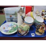 Goebel Lisbeth Fishing Vase, 25cm wide, and figure, Colclouru Harlequin tea service,tankard, etc:-