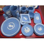 Wedgwood Powder Blue Jasper Ware Tankards, plates, lidded jar, pin trays, etc (24):- One Tray.