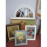 White Painted Mirror; together with four framed Still Life's of Flowers. (5)