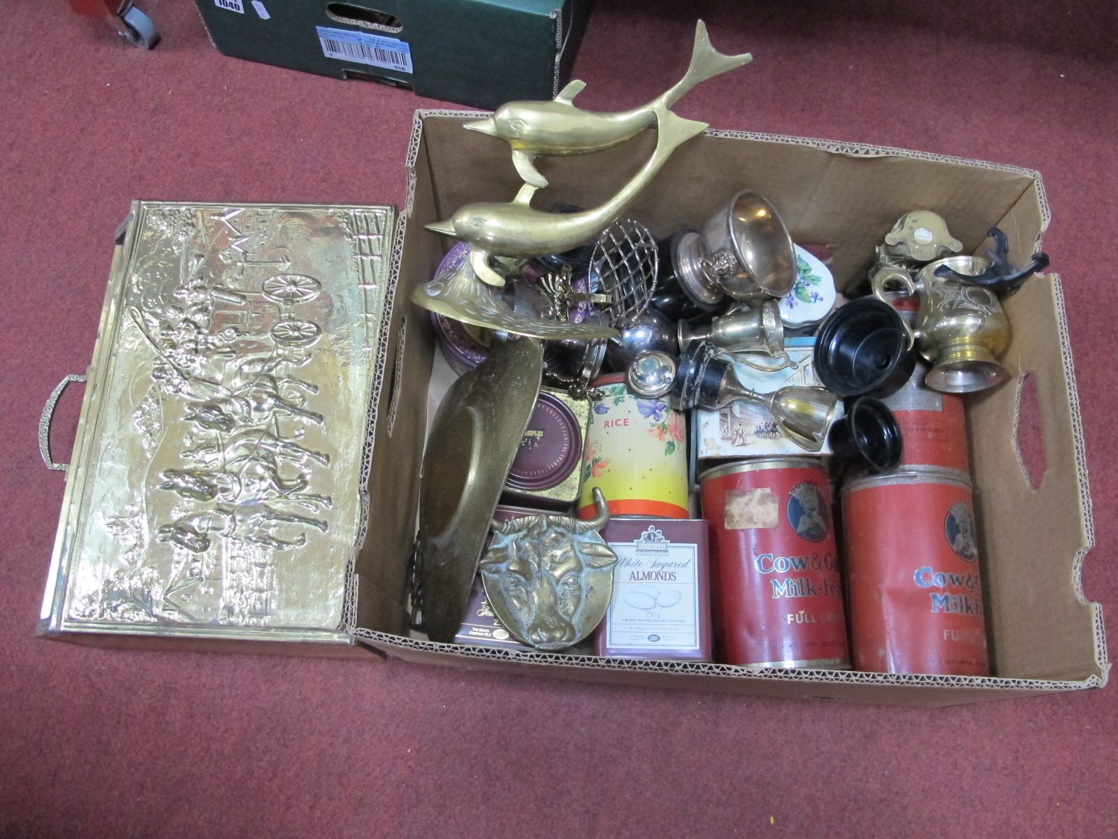 Cow & Gate, and other tins, trophies, brass ware:- One Box, magazine rack.