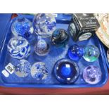 Paperweights, to include Sarah Swan, Millrace, Caithness, mainly in blue (11):- One Tray