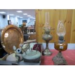 Copper Kettles, chrome candlesticks, cutlery, copper wall plaque, etc:- One Box. Iron based oil lamp