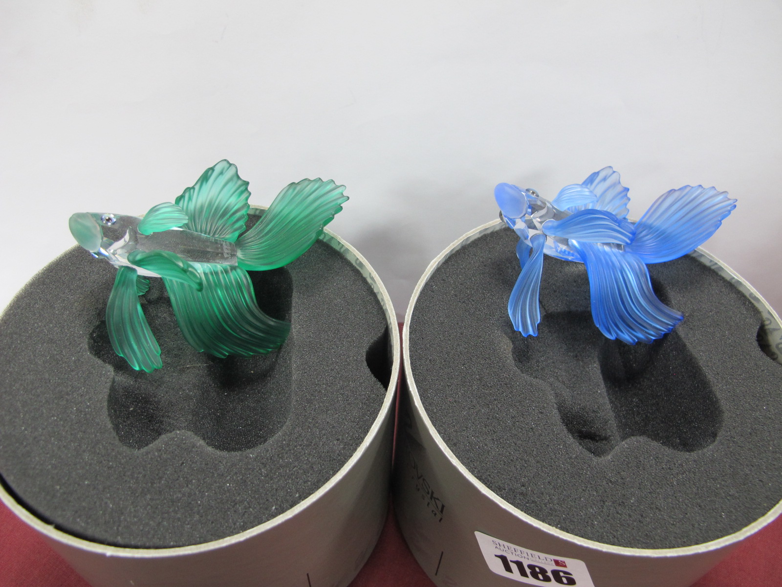 Swarovski Siamese Fighting Fish 7644 000 005, in blue 8.5cm long, (detached); and 006 in green both