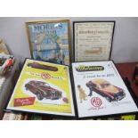 Four Framed Advertising Prints for Earlier Vintage Cars, including M.G. Marvette, Morris Cars and