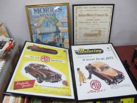 Four Framed Advertising Prints for Earlier Vintage Cars, including M.G. Marvette, Morris Cars and