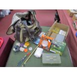 A Canvas Fishing Bag, containing reel etc; a box containing fly's, floats, Hardy fly line plus fly