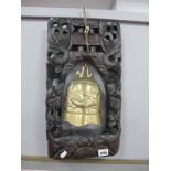 Oriental - Chinese brass temple bell in carved hardwood frame, having silver wirework inlay, with