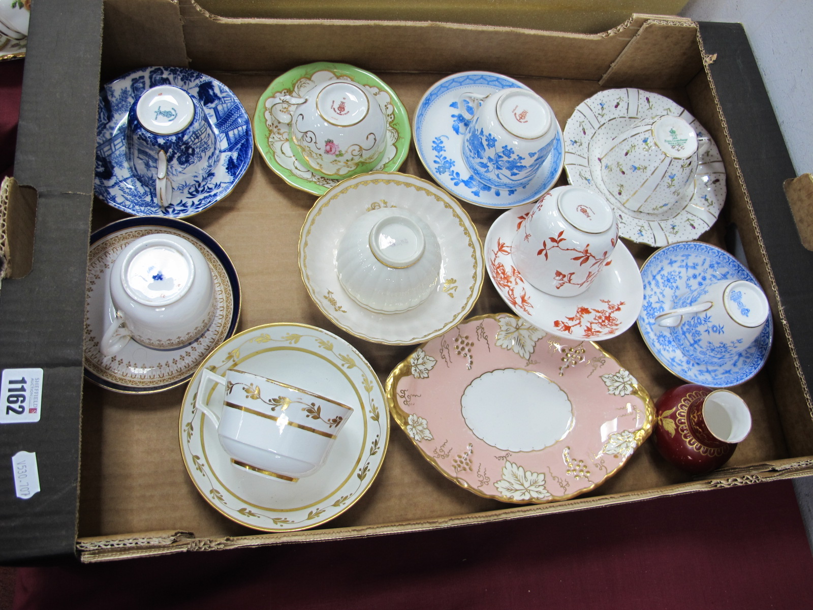 Royal Crown Derby: Eight Cups and Matching Saucers, XIX Century tea bowl and stand, salmon pink oval