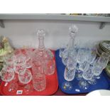 Ships Decanter, Schott glass tumblers, Echf Biekristall wine glasses etc:- Two Trays.